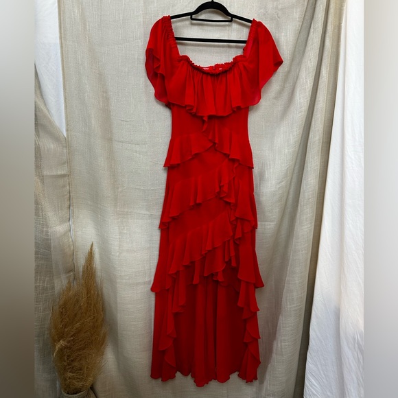 Badgley Mischka Red Off Shoulder Ruffle Gown Maxi Dress Size 2 - Picture 4 of 9